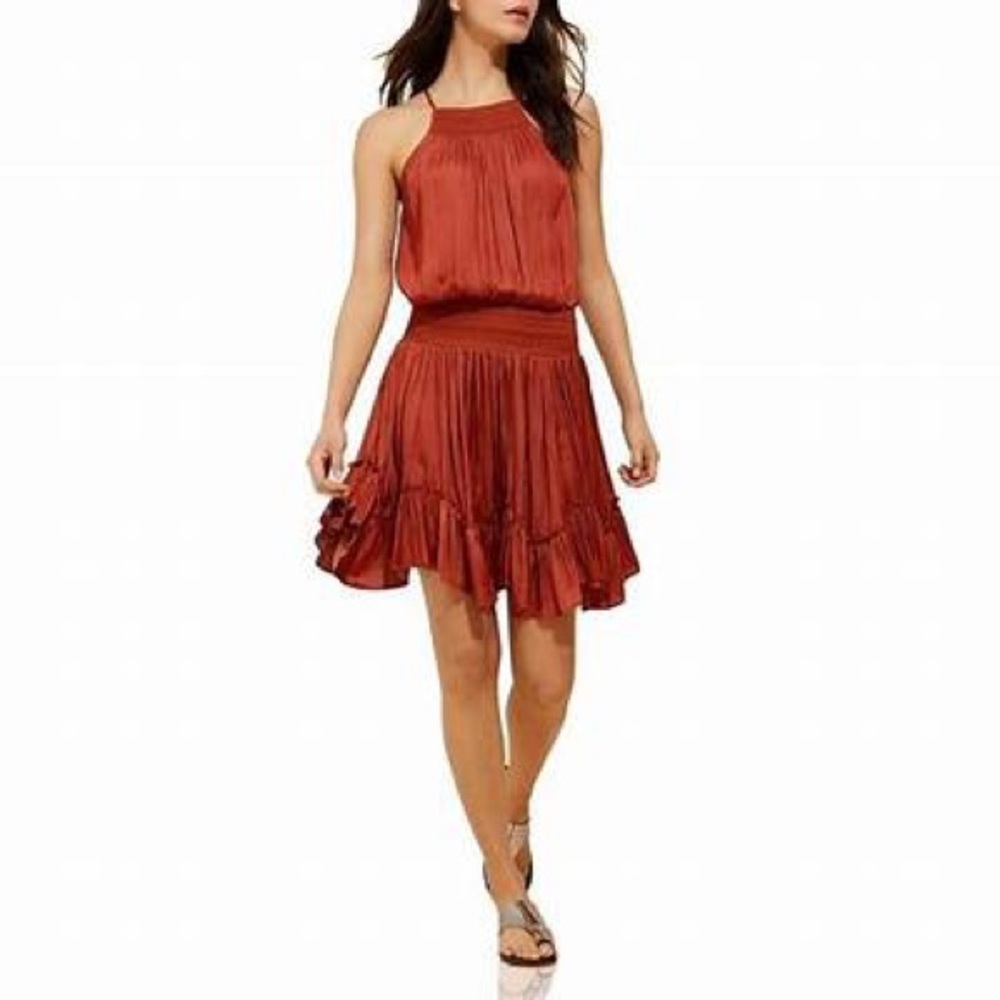 Halston memory satin dress with smocking details